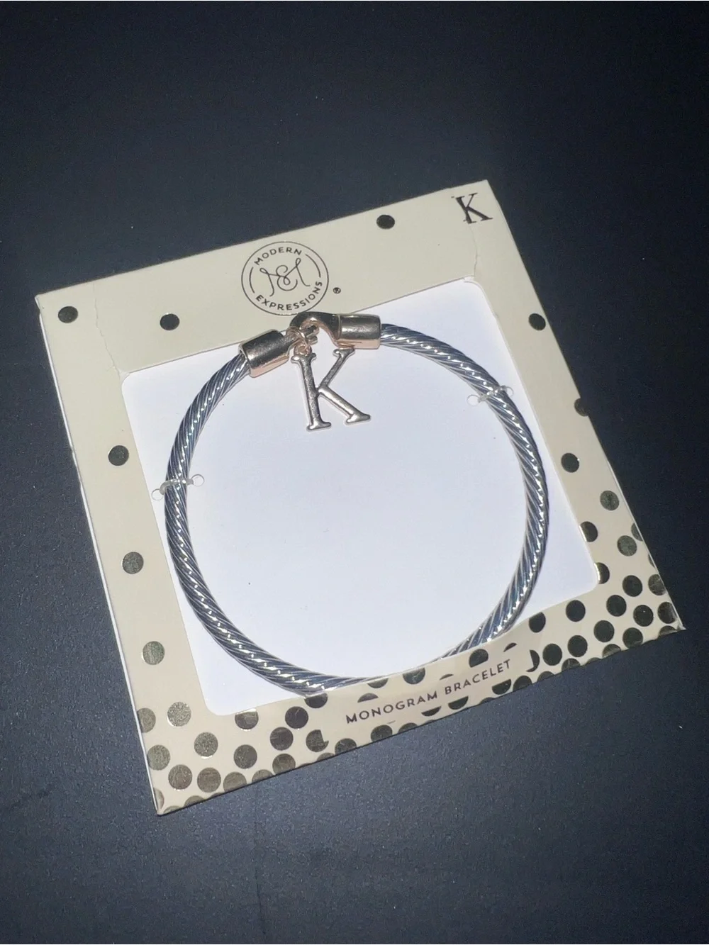 Expressions Silver-Tone Cable Bangle with Rose Gold Accent and 'K' Charm